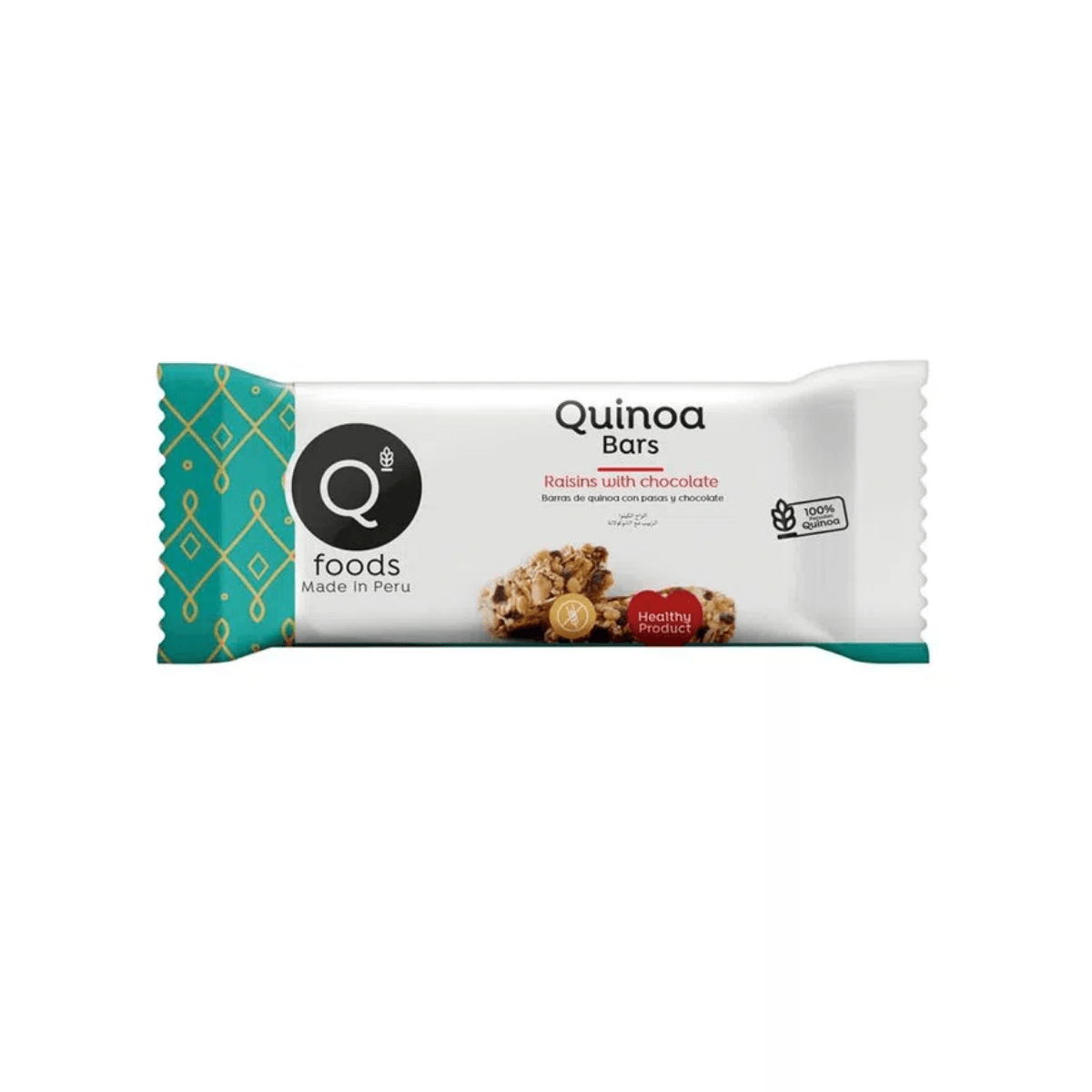 Barra de quinua con pasas y chocolate QFoods, 30 gr