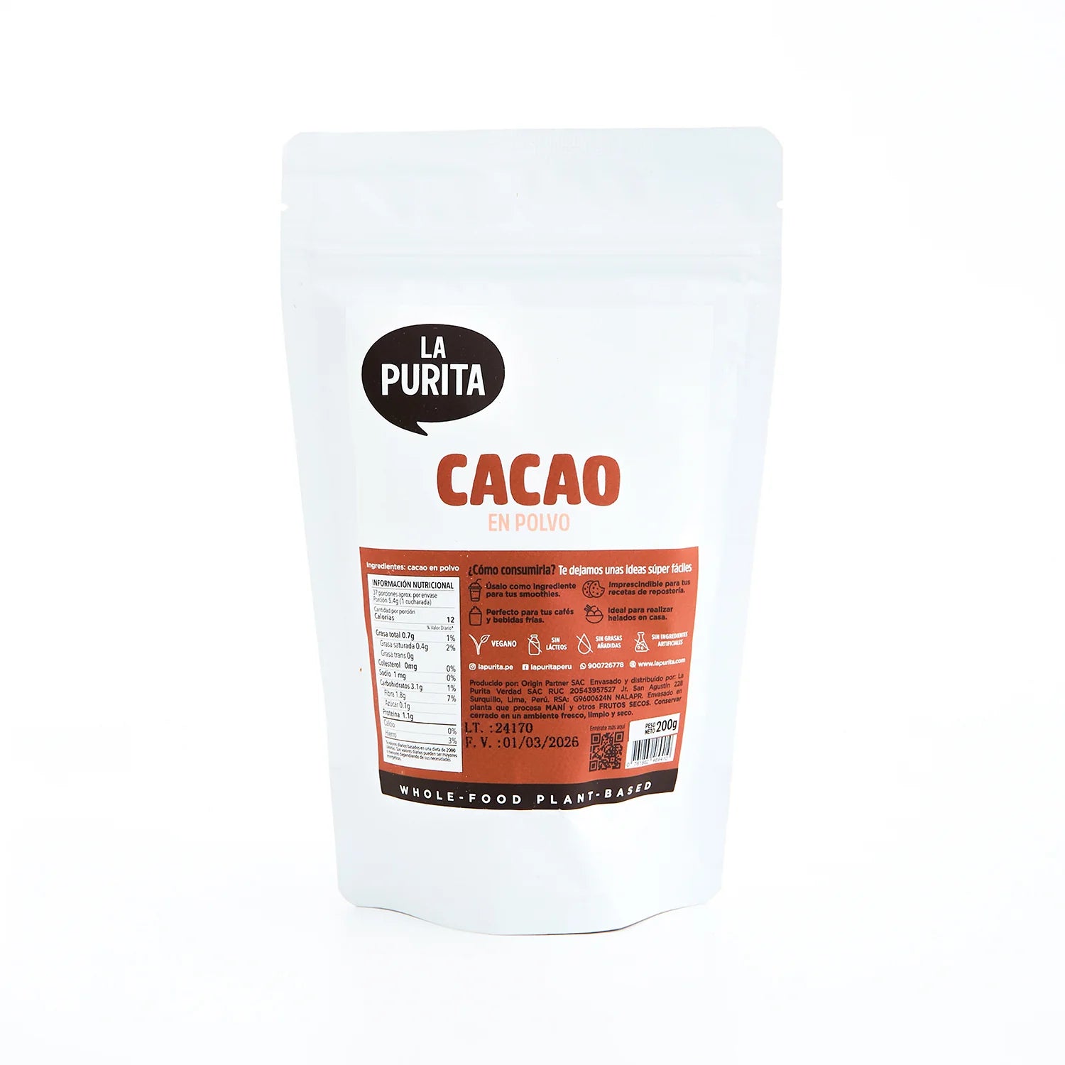 Cacao en polvo La Purita, 200 gr