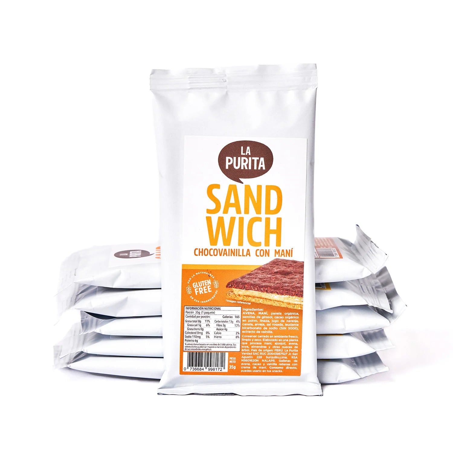 Galletas deavena, cacao y vainilla rellenas de maní La Purita, 35 gr