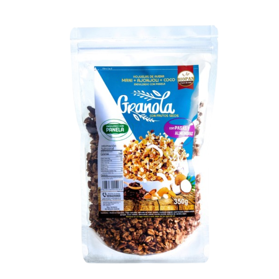 Granola con frutos secos endulzada con panela Biopan, 350 gr