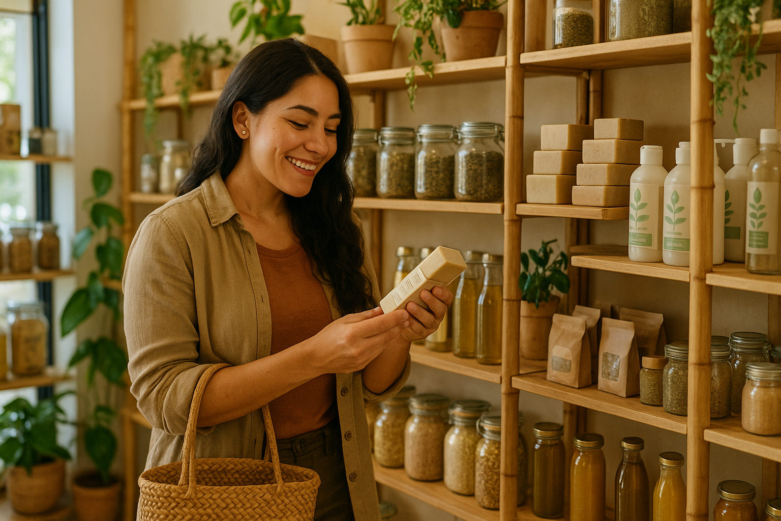 persona latina comprando en tienda de productos ecológicos